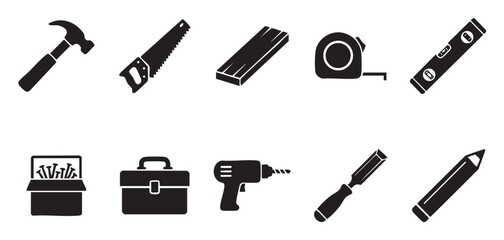 Fototapeta premium A collection of black silhouette icons depicting various construction and DIY tools, including a hammer, saw, tape measure, level, toolbox, drill, chisel, and pencil.