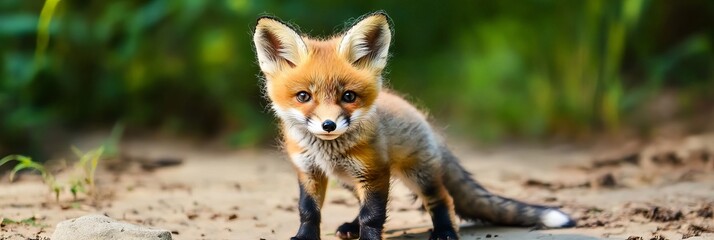 Fototapeta premium Adorable Red Fox Cub Portrait Curious Kit Gazes at the Camera in a Tranquil Natural Setting