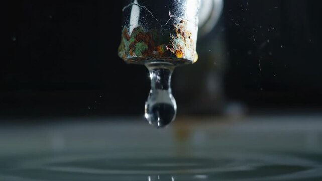 Water waste concept based on rusty faucet drip imagery, a minimalist dark background isolating a worn chrome tap with cracked finish and rust edges, a droplet captured mid-air suspended between faucet