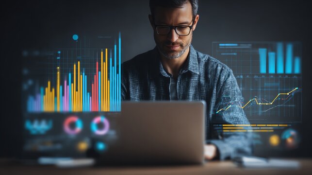 Data Analytics concept, Data Annotation, Data Analysis, Smile businessman use laptop analyzing data for competitor benchmarking and market positioning