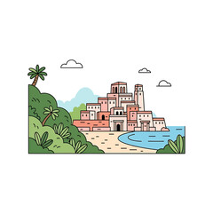 Fototapeta premium Coastal Village Scene with Mediterranean Architecture vector illustration