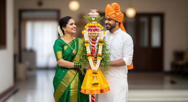Indian Couple Celebrating Gudi Padwa Festival Indoors