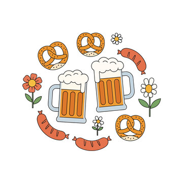Oktoberfest Celebration with Beer Pretzels and Sausages vector illustration