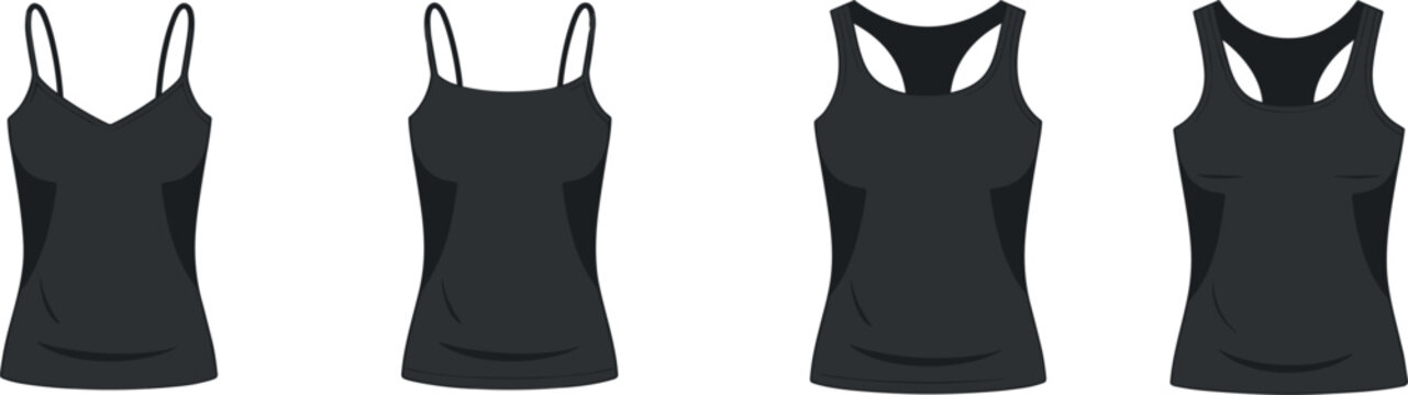 Set of blank black women tank top and camisole icons, vector apparel templates for clothing mockupsSet of blank black women tank top and camisole icons, vector apparel templates for clothing mockups