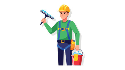 Fototapeta premium Cleaning in Progress: A focused window cleaner diligently prepares for his next task, holding a squeegee and a bucket of cleaning supplies, a testament to dedication and meticulousness.