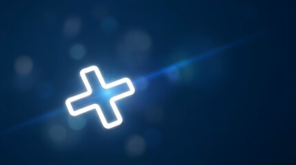 Hands Presenting Glowing Plus Sign in Focus with Protective Bokeh Lighting Against Seamless Studio Matte Blue Background Professional Stock Photography