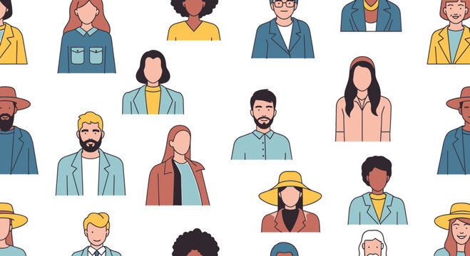 Diverse People Portraits Seamless Pattern vector illustration