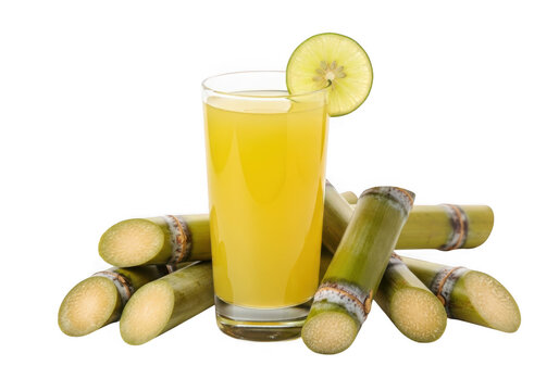 A glass of sugarcane juice with sugarcane stalks and a slice isolated on transparent background