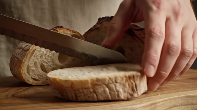 Video of freshly baked loaf being sliced to reveal soft crumb texture, gourmet bread detail, organic food styling and high-quality culinary background.
