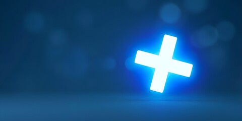 Obraz premium Hands Presenting Glowing Plus Sign Focused Protective Lighting Matte Blue Background with Bokeh Highlights Tilted Angle Professional Stock Photography