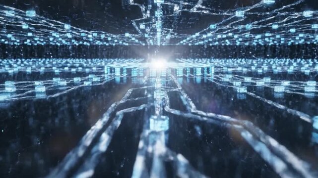 Digital Network Visualization: A mesmerizing digital network pulses with electric energy. Rows of interconnected nodes radiate outward from a central point.