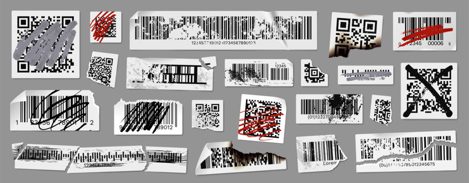 Damaged barcodes, crumpled QR code labels, product ID stickers with torn edges. Serial number badges, inventory barcode with peeling corner, pricing tags, ripped off package tracking codes vector set