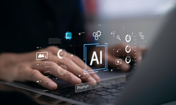 Business professional using laptop with artificial intelligence interface and prompt system. AI technology for data analysis automation machine learning digital innovation and smart business solutions