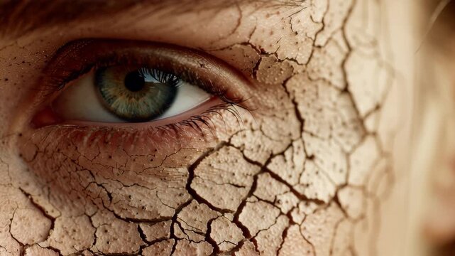 Close up of woman eye with cracked dry skin texture symbolizing dehydration
