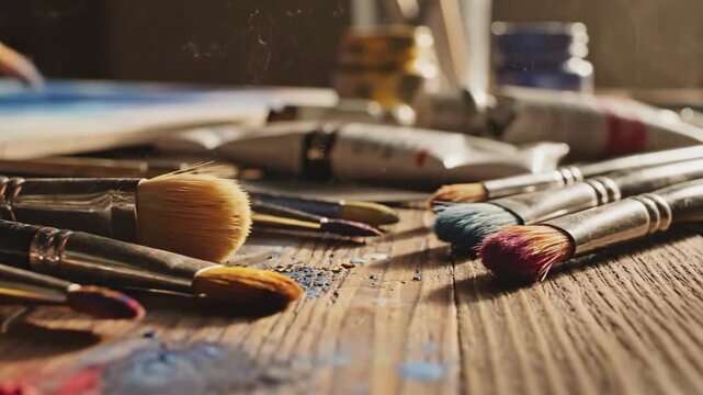Video of Art Class Supplies &ndash; Paint brushes detail, creative vibe featuring fine bristle textures, studio tools arrangement and artistic workspace aesthetic for education branding and craft marketing