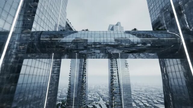 Futuristic Financial Megastructures cluster rendered in a sleek near-future style, interconnected glass skyscrapers with skybridges suspended high above the ground, reflective surfaces blending with a