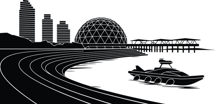 Geodesic dome building on waterfront with modern skyscrapers and luxury speedboat vector design
