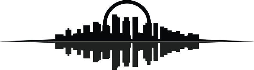 Obraz premium Modern city skyline with crescent shape above, urban panorama vector illustration