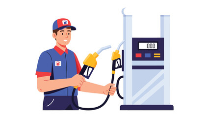 Fueling the Future: An attendant stands next to a gas pump, offering services with a smile, symbolizing convenience and readiness. © Hasib