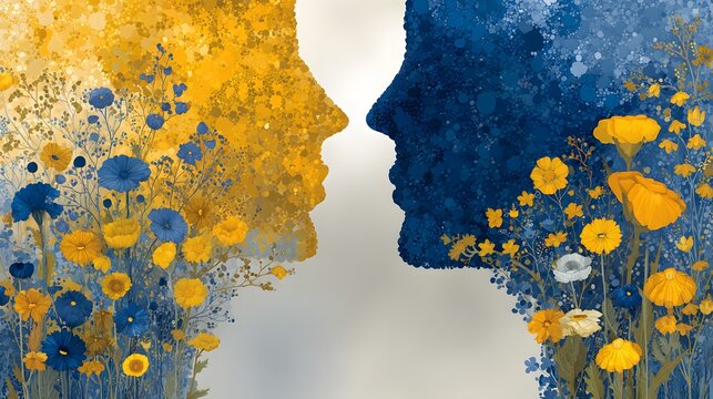 Conceptual Artistic Illustration of Duality in Human Silhouettes with Floral Transition from Yellow to Blue