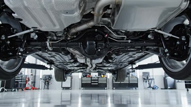 Video of underbody inspection with lifted car view under bright service lighting, automotive maintenance concept, professional garage environment and vehicle safety check theme.
