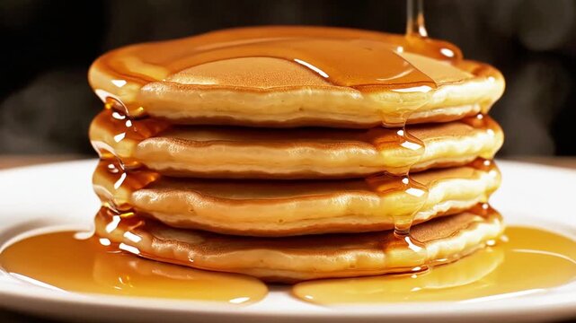 Watch golden syrup cascade over a delicious stack of fluffy pancakes, creating a mouthwatering breakfast visual. Enjoy this sweet, warm, and inviting culinary delight.