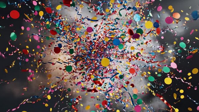 Video of colorful confetti blast forming abstract explosion pattern, holiday and event celebration concept, dynamic promotional visual template.