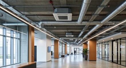 Modern Commercial Interior with Open Ceiling, Exposed HVAC, and Stylish Metal Cable Support System.