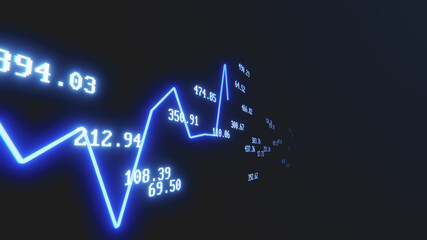 Neon blue line chart illustrating financial data and stock market fluctuations on a dark background