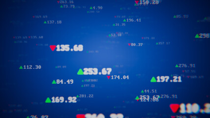 Fototapeta premium Changing stock market ticker numbers with prices and indexes on a blue financial background.