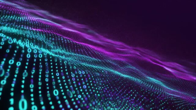 Seamless looping teal violet binary code cinematic forming dynamic light waves smooth pulse luminous refined visuals motion gradient shimmer