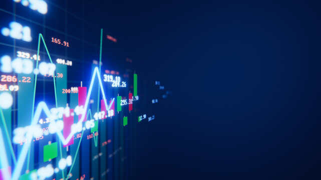 Economic data showing real time candlestick charts and lines on a digital screen