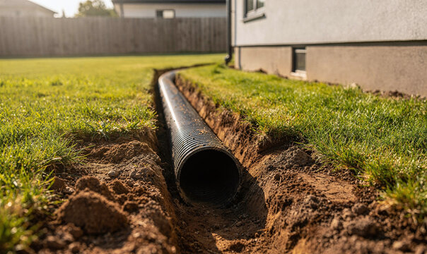 Subterranean drainage pipe installation in progress, a corrugated sewer line laid in an open trench across a residential green lawn during sunny day