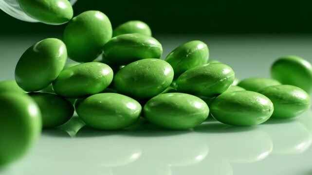 Video of bright green mint candy falling against polished reflective background, modern dessert theme and refreshing flavor visual for commercial advertising use.