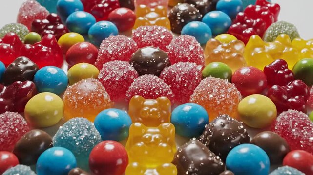 Video of colorful candy flat lay with pattern arrangement in bright studio scene, vibrant confectionery background for party and food branding visuals.