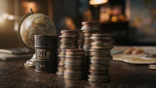 Conceptual still life of oil barrel, globe, and stacked coins symbolizing how wars and petroleum crises influence the global economy and financial markets.