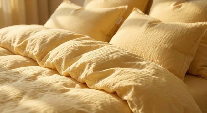 Close-up of soft cotton bedding and pillows in Butter Yellow color. Warm morning sunlight hitting the fabric folds.
