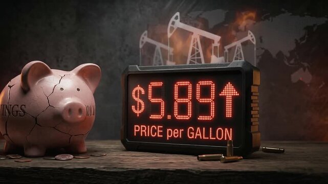 Conceptual image of rising gasoline prices with piggy bank and oil pumpjack graphic, representing how war and oil crises impact household finances and the global economy.