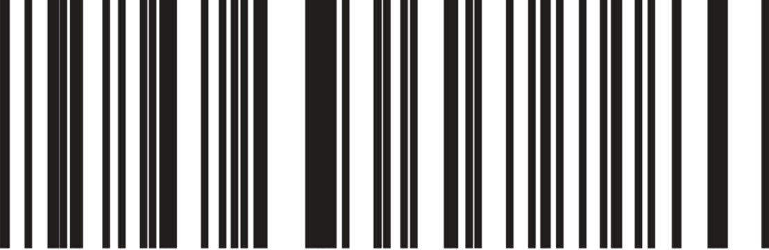 Abstract barcode illustration with vertical black stripes of varying thickness for commercial product identification and scanning technology concept on gray transparent checkerboard background grid
