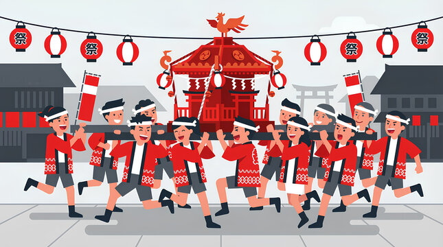 日本のお祭り風景を描いたイラスト