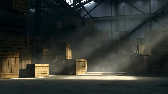 Silent Warehouse With Hidden Freight. Abandoned Storage Space Features Concealed Shipment Activities