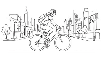 Obraz premium A minimalist line art drawing depicts a woman with a backpack riding a bicycle through a city street with stylized buildings and trees, conveying urban transport and active lifestyle.