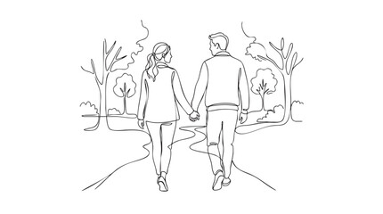 Obraz premium A minimalist line art illustration of a couple walking hand-in-hand down a path in a park with trees, conveying a sense of connection and romance.