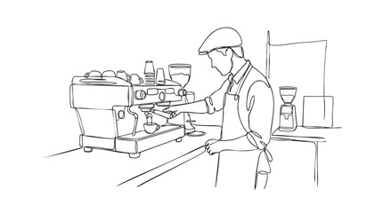 Obraz premium Minimalist line art of a barista in a flat cap and apron preparing an espresso from a vintage coffee machine, suggesting a coffee shop scene.