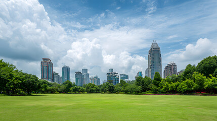 Obraz premium City park skyline summer green lawn under cloudy sky with distant highrise buildings and trees