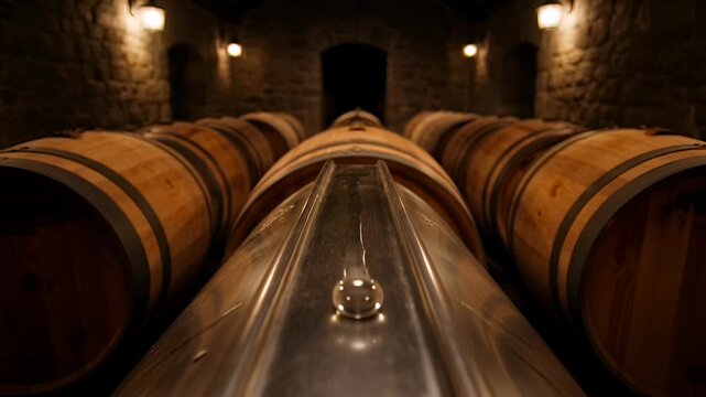 Rows of Wooden Wine Barrels in a Cellar With Warm Lighting