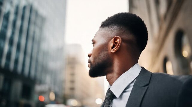 Cityscape Contemplation: A distinguished figure gazes thoughtfully into the distance amidst a modern cityscape, embodying ambition and urban exploration.