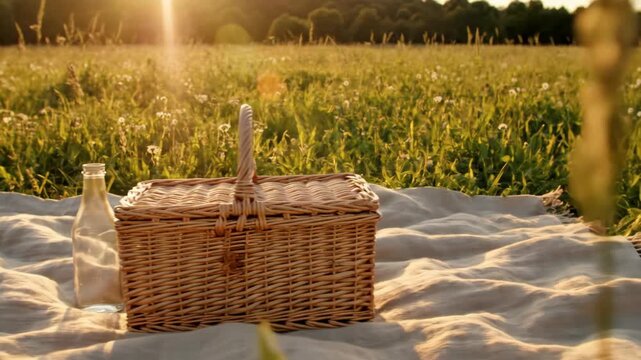 Video minimalist outdoor picnic scene with empty cloth arrangement for seasonal promotions, wellness branding, and modern editorial backdrops.