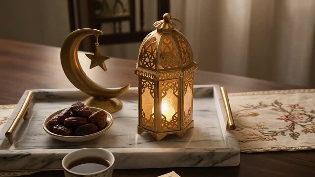 Traditional Ramadan iftar setup with illuminated lantern, crescent decor, dates, and tea, creating a warm spiritual atmosphere for breaking the fast.