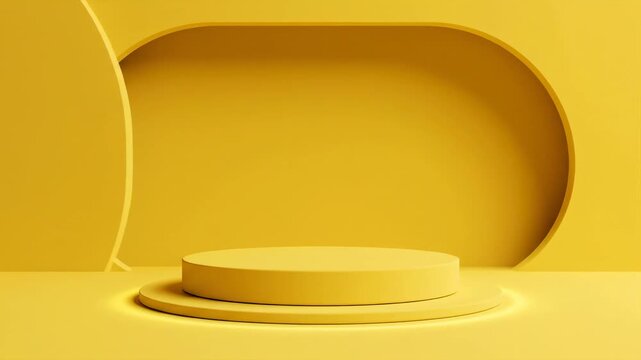 Video of monochrome yellow presentation stage featuring round pedestal platform, minimalist showcase environment for product launch, cosmetic promotion and digital campaign visuals.